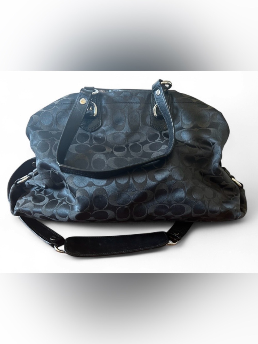 Coach Ashley Signature Black Sateen and Leather Satchel with Silver Hardware - Picture 4 of 11